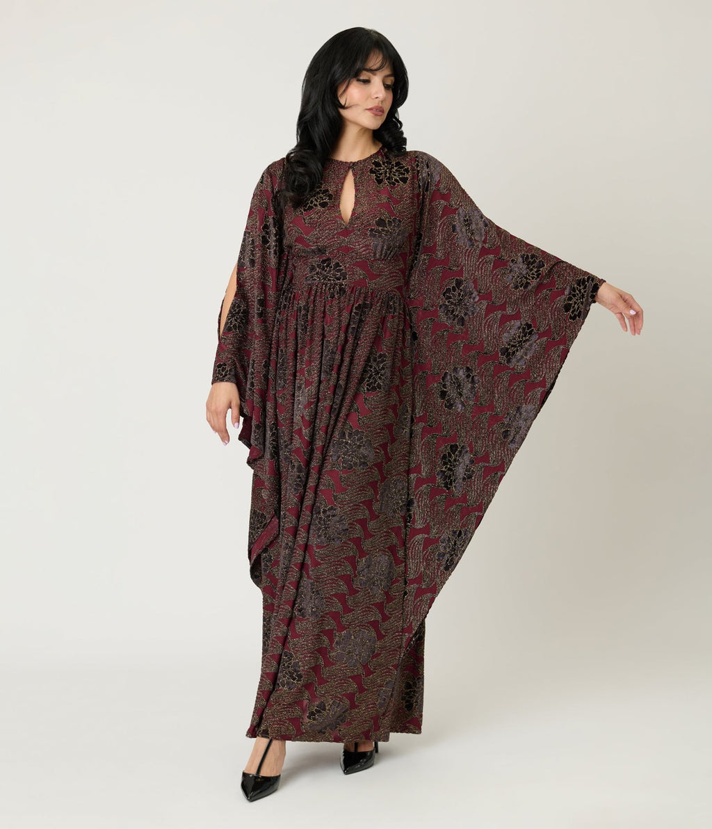 Unique Vintage Burgundy Floral Velvet Flutter Sleeve Caftan - Unique Vintage - Womens, DRESSES, MAXI