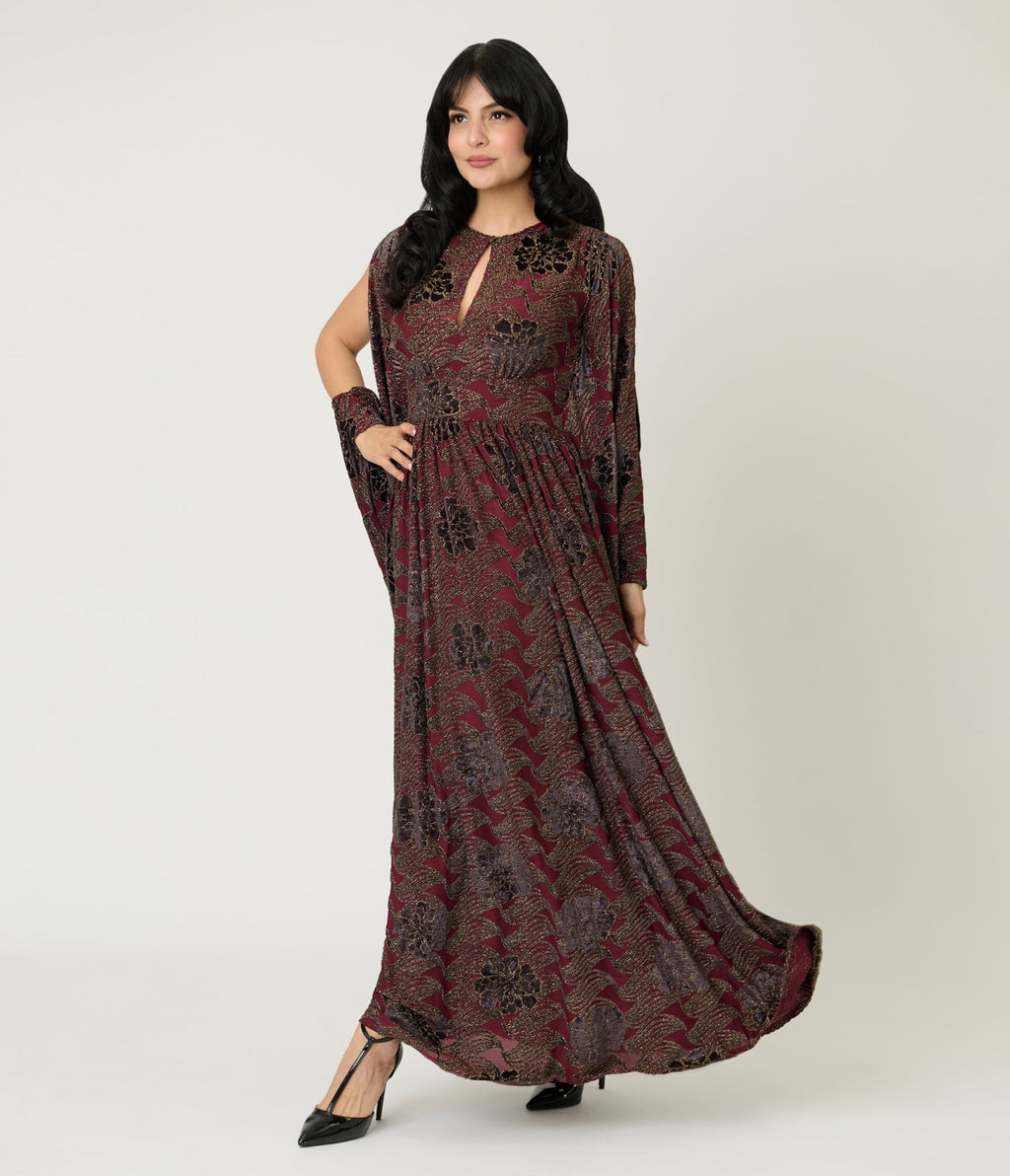 burgundy floral maxi dress Calantha in Feel feminine in this burgundy floral devore long sleeve maxi dress Burgundy Floral Chiffon V-Neck Long