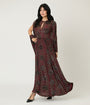 Unique Vintage Burgundy Floral Velvet Flutter Sleeve Caftan