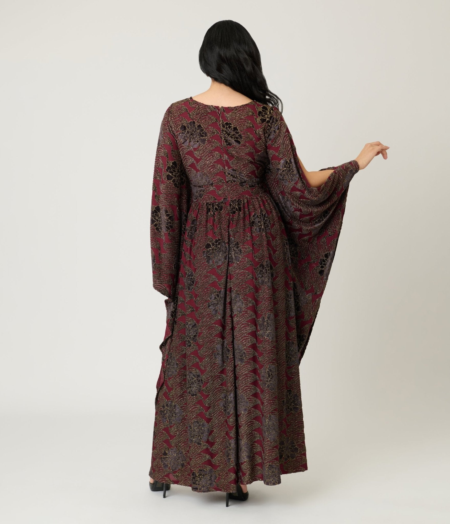 Unique Vintage Burgundy Floral Velvet Flutter Sleeve Caftan - Unique Vintage - Womens, DRESSES, MAXI