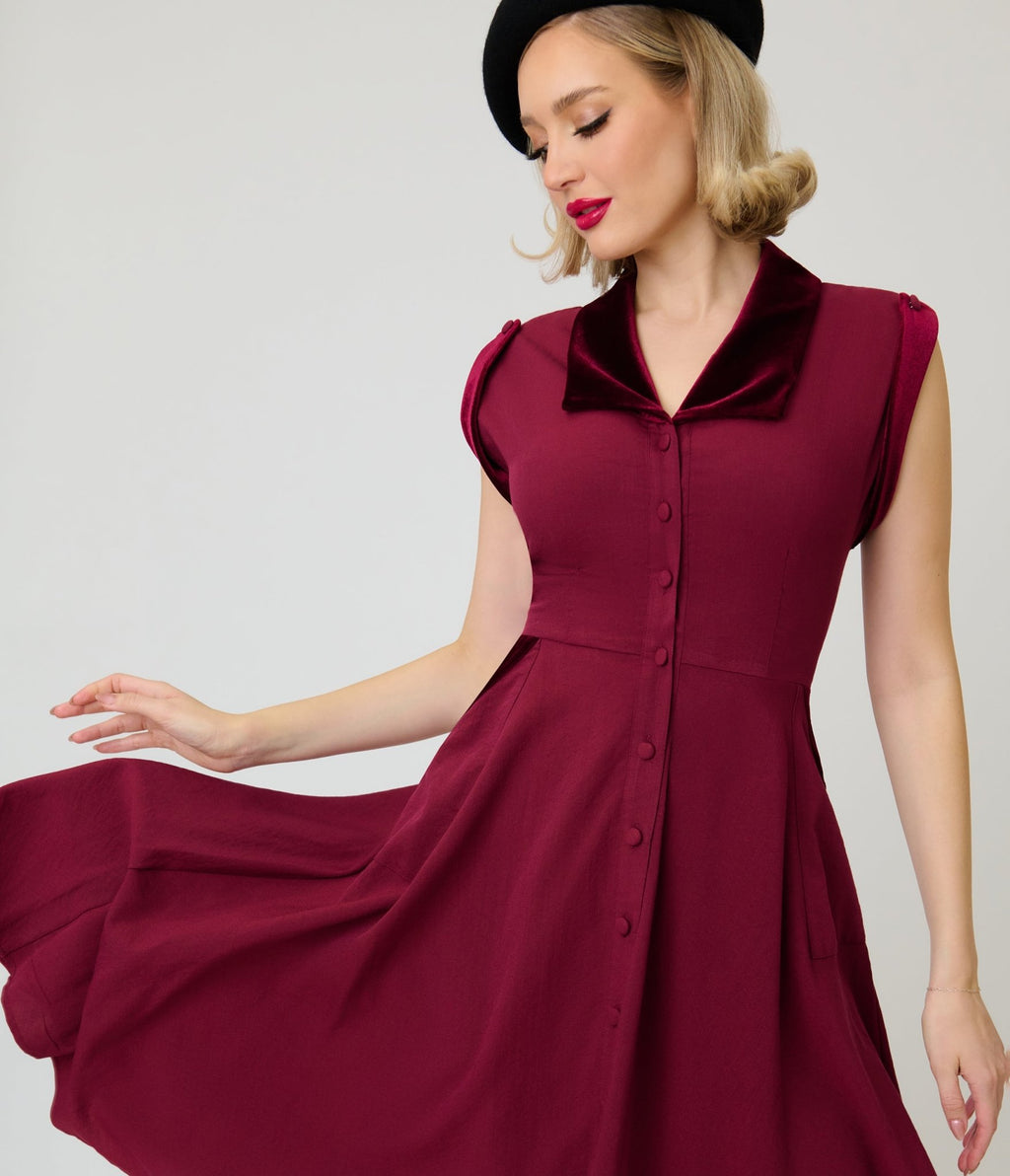 Unique Vintage Burgundy Gale Shirt Dress - Unique Vintage - Swing Dresses