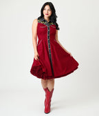 Unique Vintage Burgundy & Gold Snake Embroidery Western Cotton Flare Dress - Unique Vintage - Womens, DRESSES, FIT AND FLARE