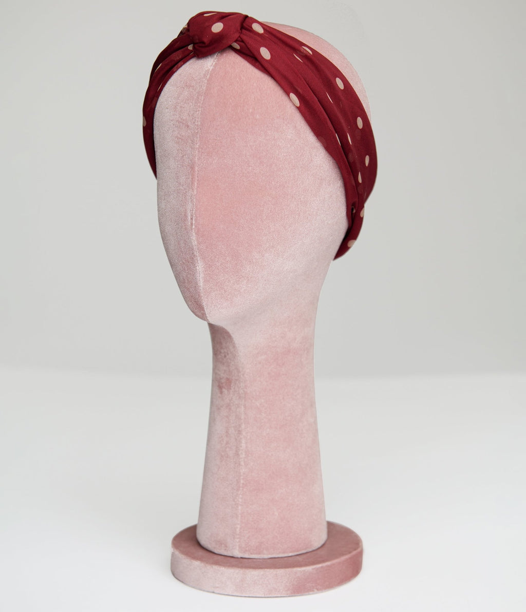Unique Vintage Burgundy & Ivory Polka Dot Hair Scarf - Unique Vintage - Womens, ACCESSORIES, HAIR