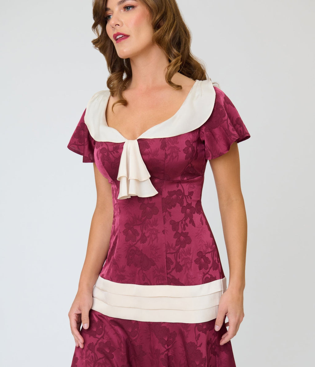 Unique Vintage Burgundy & Ivory Wilshire Flapper Dress - Unique Vintage - Womens, FLAPPER, SLEEVELESS NON BEADED