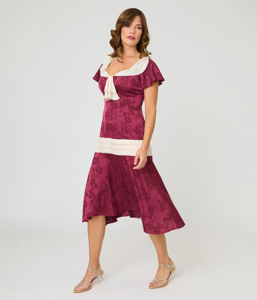 Unique Vintage Burgundy & Ivory Wilshire Flapper Dress - Unique Vintage - Womens, FLAPPER, SLEEVELESS NON BEADED