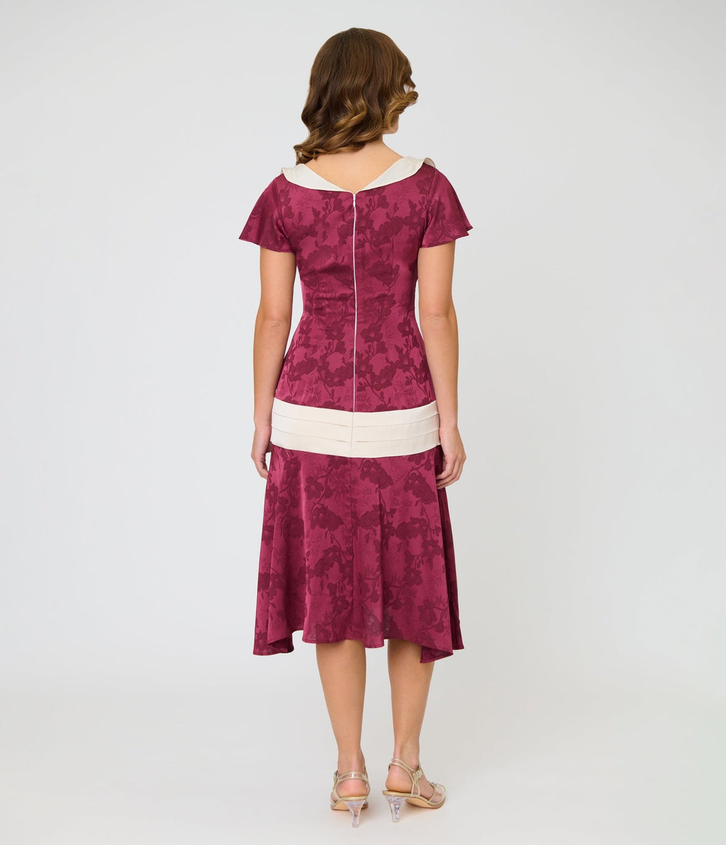 Unique Vintage Burgundy & Ivory Wilshire Flapper Dress - Unique Vintage - Womens, FLAPPER, SLEEVELESS NON BEADED