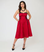 Unique Vintage Burgundy Jacquard Lace Up Sweetheart Betty Swing Dress - Unique Vintage - Womens, DRESSES, SWING