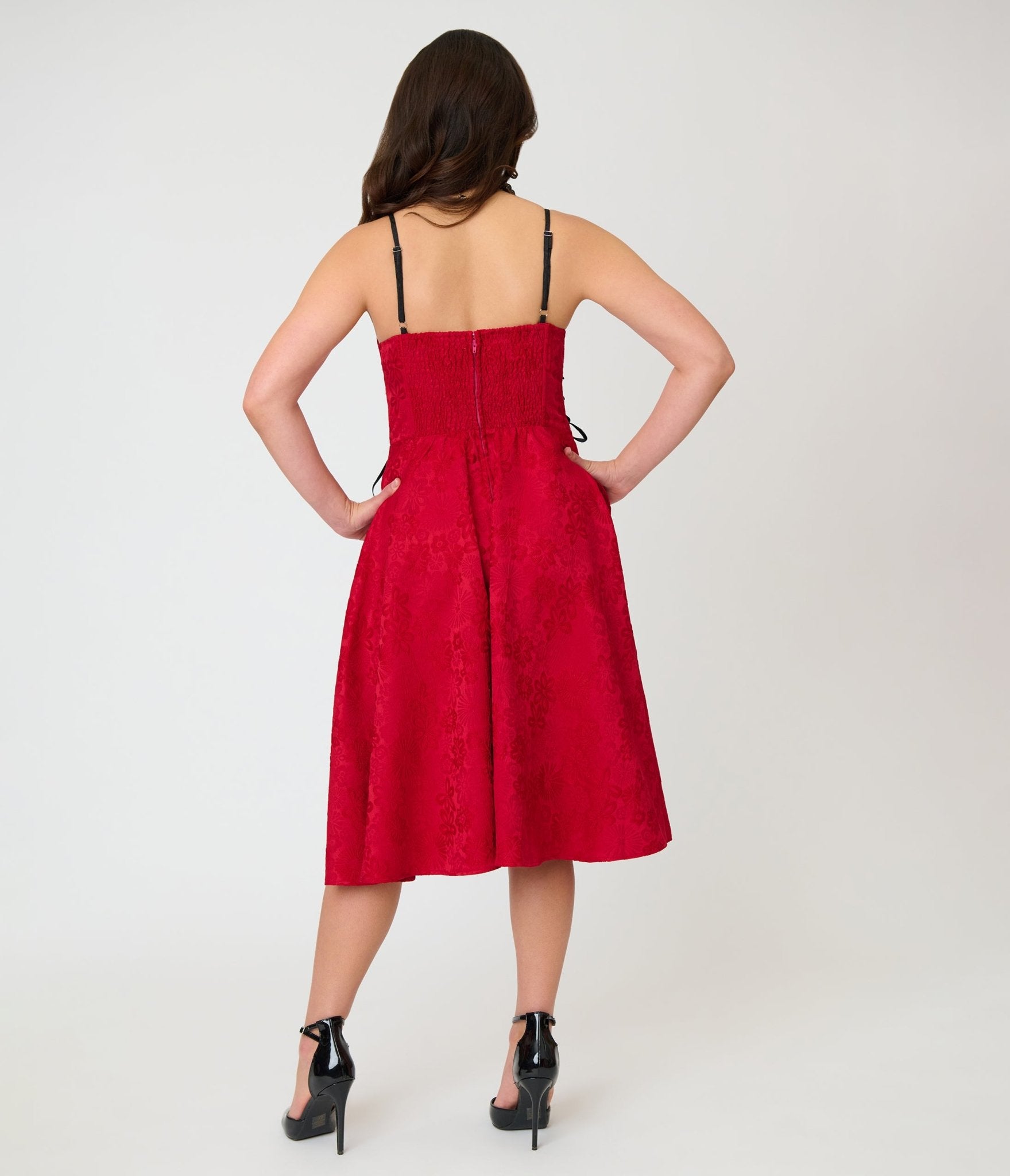 Unique Vintage Burgundy Jacquard Lace Up Sweetheart Betty Swing Dress - Unique Vintage - Womens, DRESSES, SWING
