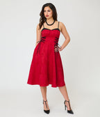 Unique Vintage Burgundy Jacquard Lace Up Sweetheart Betty Swing Dress - Unique Vintage - Womens, DRESSES, SWING