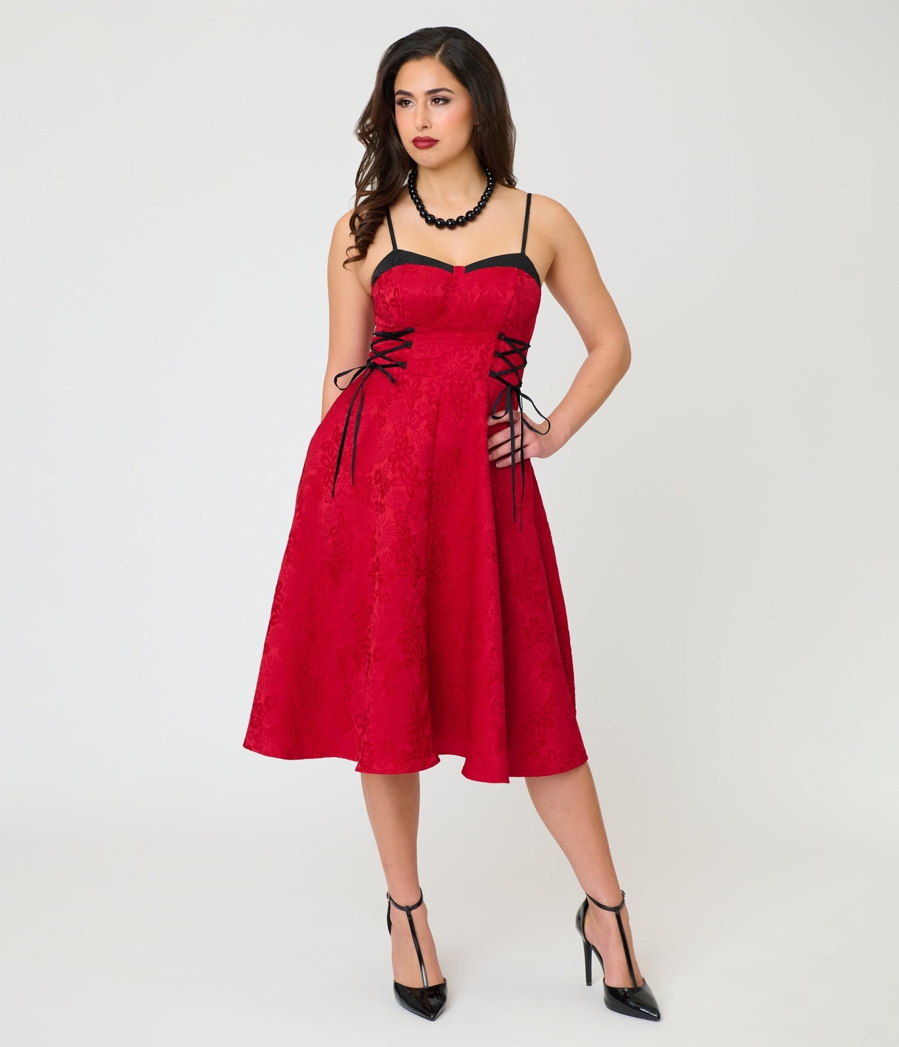 Unique Vintage Burgundy Jacquard Lace Up Sweetheart Betty Swing Dress - Unique Vintage - Womens, DRESSES, SWING