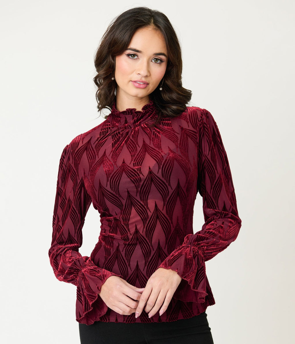 Unique Vintage Burgundy Leaf Velvet Burnout Donna Blouse - Unique Vintage - Womens, TOPS, KNIT TOPS