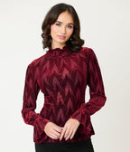 Unique Vintage Burgundy Leaf Velvet Burnout Donna Blouse - Unique Vintage - Womens, TOPS, KNIT TOPS
