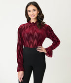 Unique Vintage Burgundy Leaf Velvet Burnout Donna Blouse - Unique Vintage - Womens, TOPS, KNIT TOPS