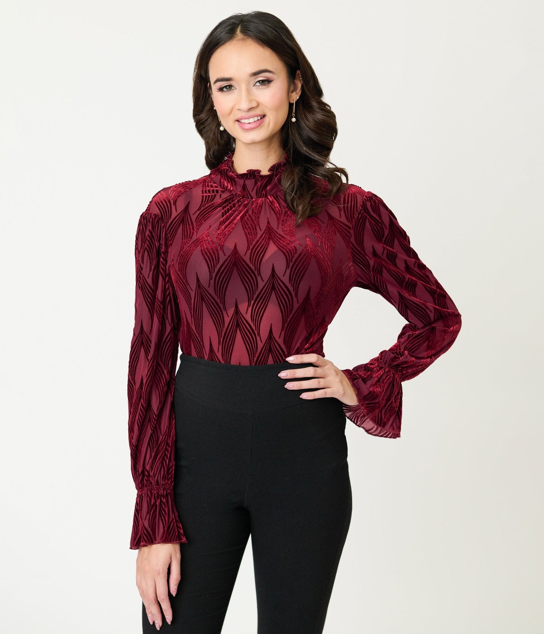 Unique Vintage Burgundy Leaf Velvet Burnout Donna Blouse