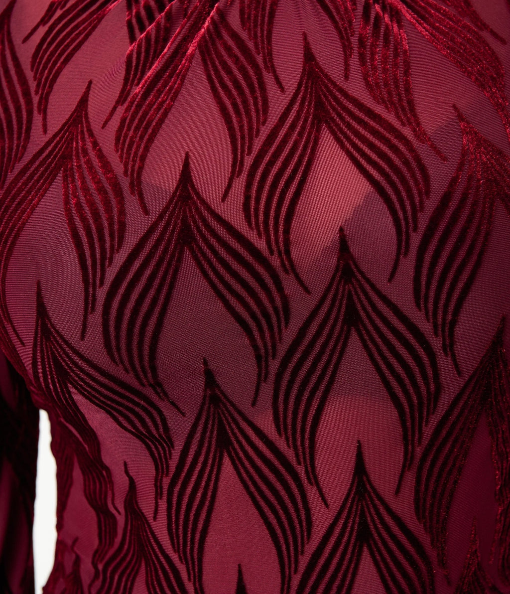 Unique Vintage Burgundy Leaf Velvet Burnout Donna Blouse - Unique Vintage - Womens, TOPS, KNIT TOPS