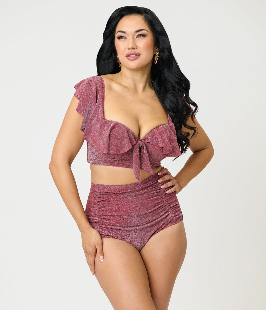 Unique Vintage Burgundy Lurex Monroe High Waist Bikini Bottom - Unique Vintage - Womens, SWIM, BOTTOM