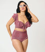 Unique Vintage Burgundy Lurex Ruffled Cap Sleeve Frida Swim Top