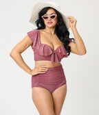 Unique Vintage Burgundy Lurex Ruffled Cap Sleeve Frida Swim Top - Unique Vintage - Womens, SWIM, TOP