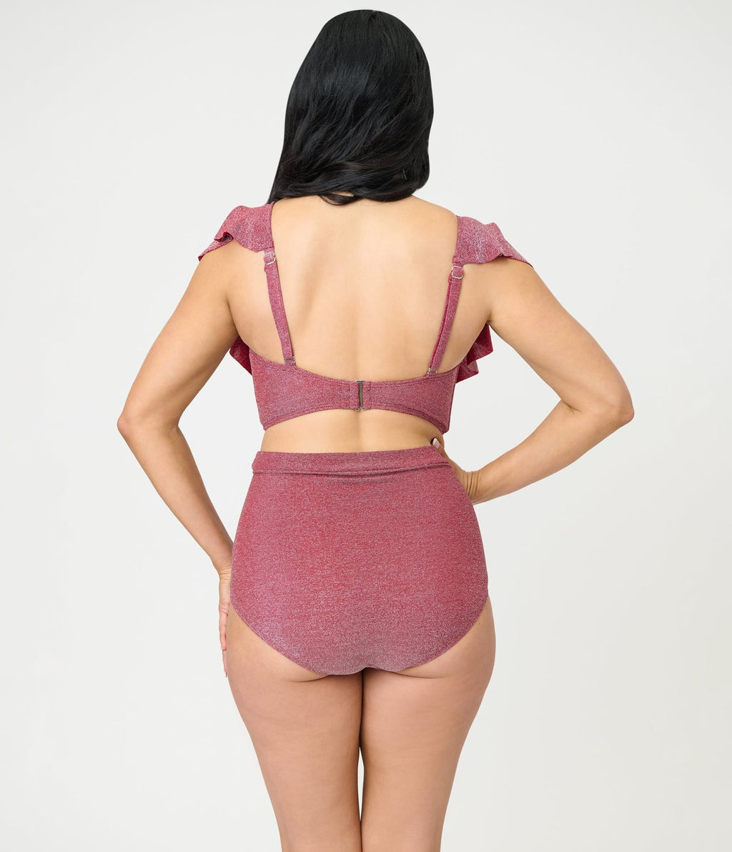 Unique Vintage Burgundy Lurex Ruffled Cap Sleeve Frida Swim Top - Unique Vintage - Womens, SWIM, TOP