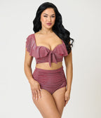 Unique Vintage Burgundy Lurex Ruffled Cap Sleeve Frida Swim Top - Unique Vintage - Womens, SWIM, TOP