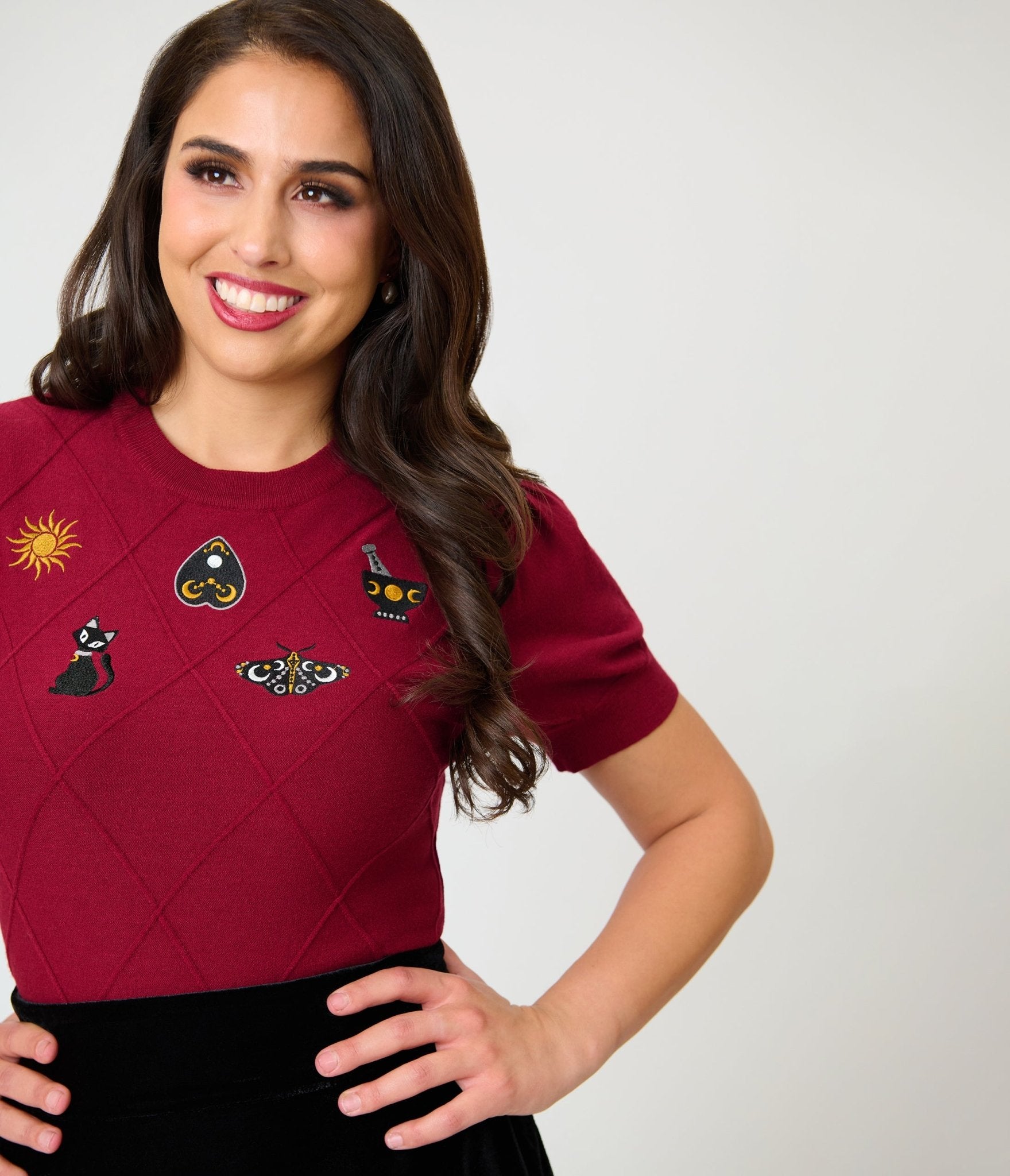 Unique Vintage Burgundy Mystical Icons Embroidered Sweater - Unique Vintage - Womens, TOPS, SWEATERS