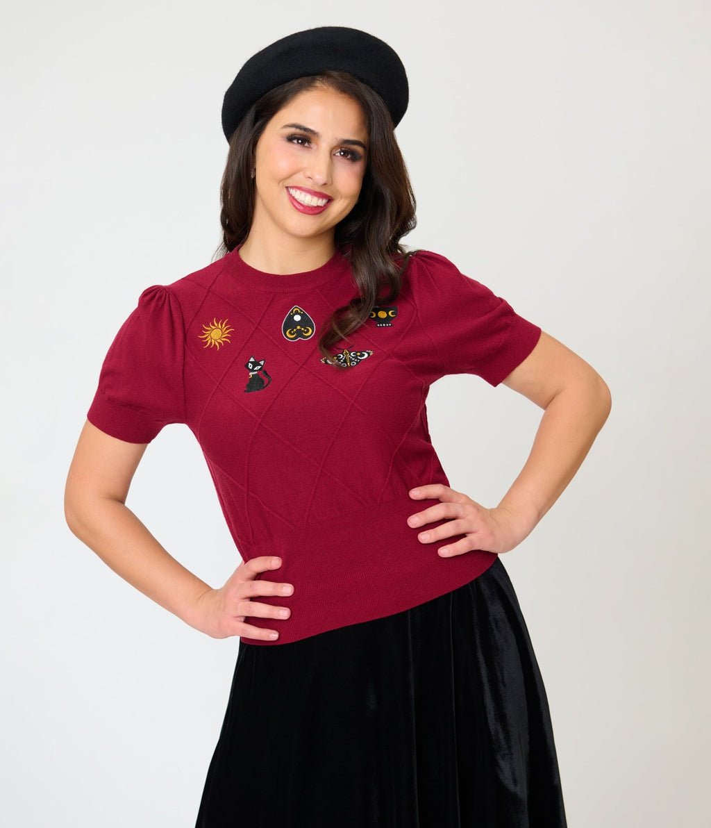 Unique Vintage Burgundy Mystical Icons Embroidered Sweater - Unique Vintage - Womens, TOPS, SWEATERS