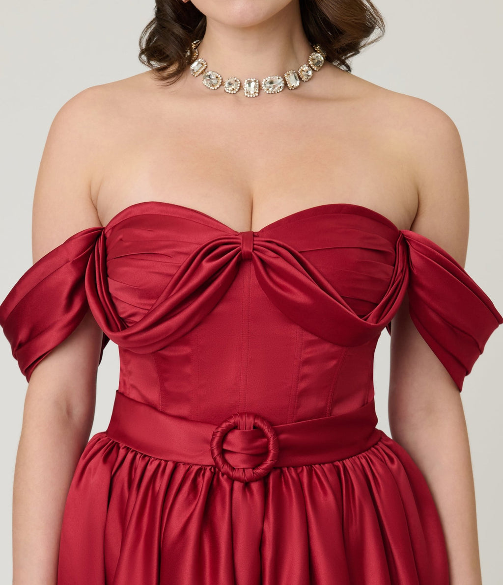 Unique Vintage Burgundy Off The Shoulder Tea Length Gown - Unique Vintage - Womens, DRESSES, PROM AND SPECIAL OCCASION