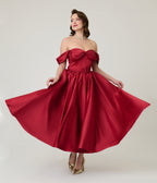 Unique Vintage Burgundy Off The Shoulder Tea Length Gown - Unique Vintage - Womens, DRESSES, PROM AND SPECIAL OCCASION