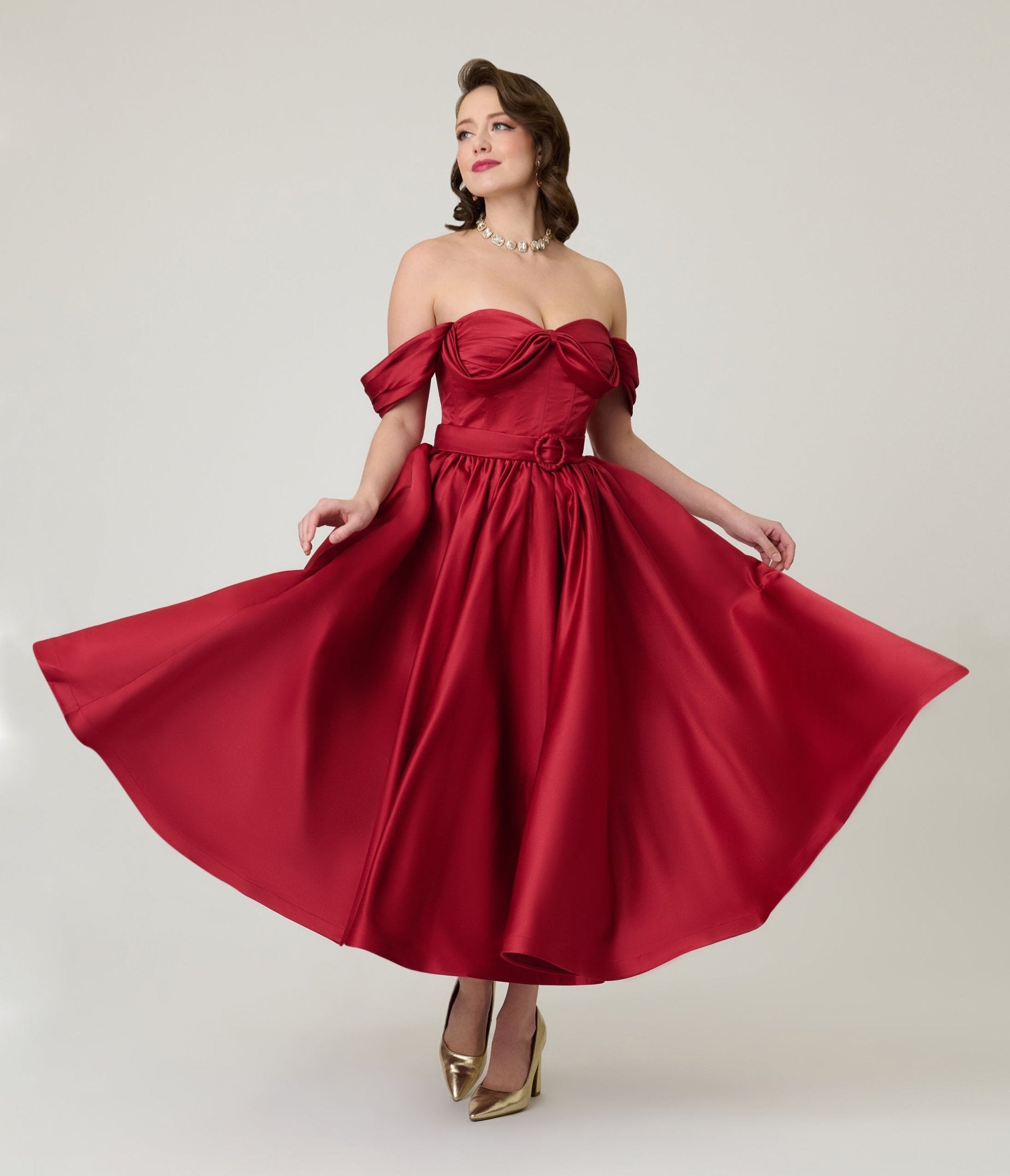 Unique Vintage Burgundy Off The Shoulder Tea Length Gown - Unique Vintage - Womens, DRESSES, PROM AND SPECIAL OCCASION