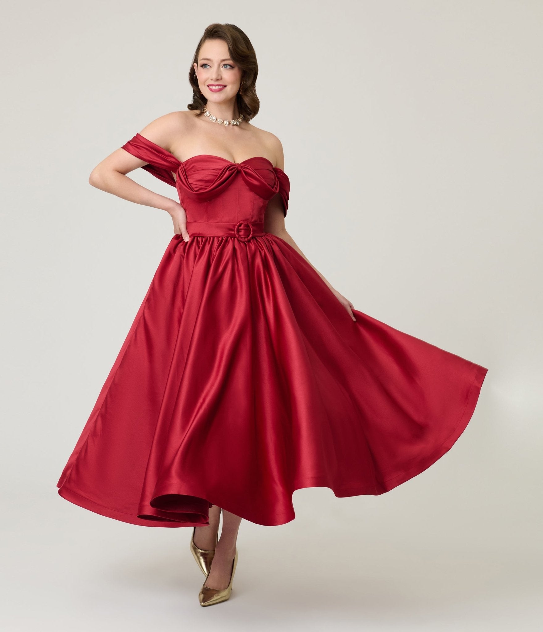 Unique Vintage Burgundy Off The Shoulder Tea Length Gown - Unique Vintage - Womens, DRESSES, PROM AND SPECIAL OCCASION
