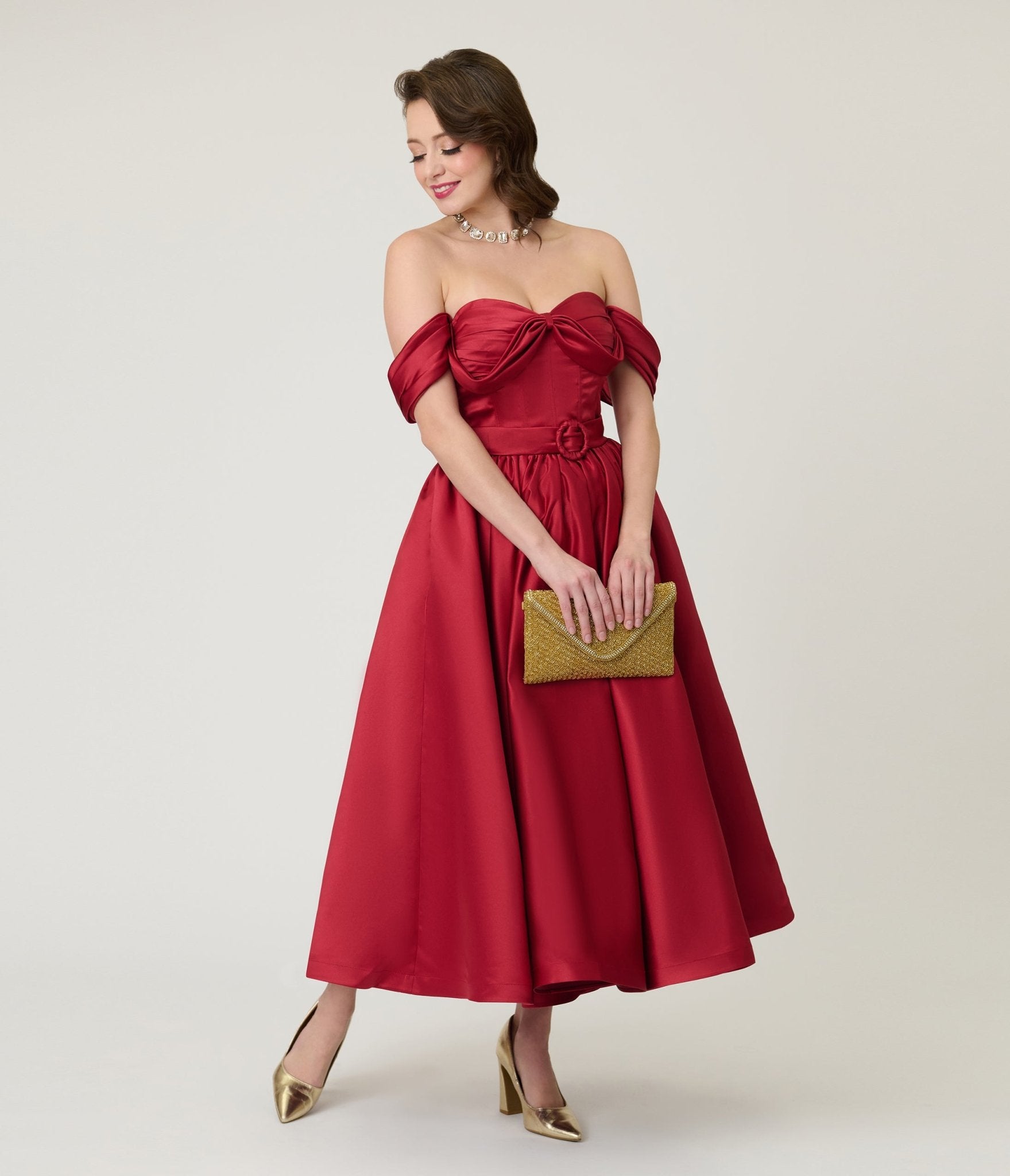 Unique Vintage Burgundy Off The Shoulder Tea Length Gown Unique Vintage Burgundy Off The Shoulder Tea Length Gown