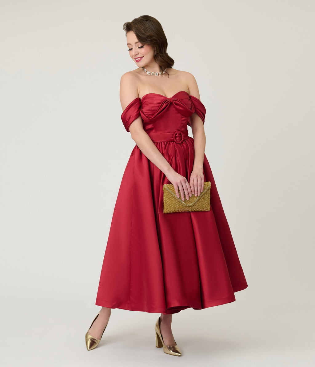 Unique Vintage Burgundy Off The Shoulder Tea Length Gown - Unique Vintage - Womens, DRESSES, PROM AND SPECIAL OCCASION