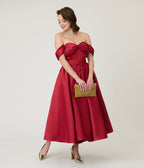 Unique Vintage Burgundy Off The Shoulder Tea Length Gown - Unique Vintage - Womens, DRESSES, PROM AND SPECIAL OCCASION