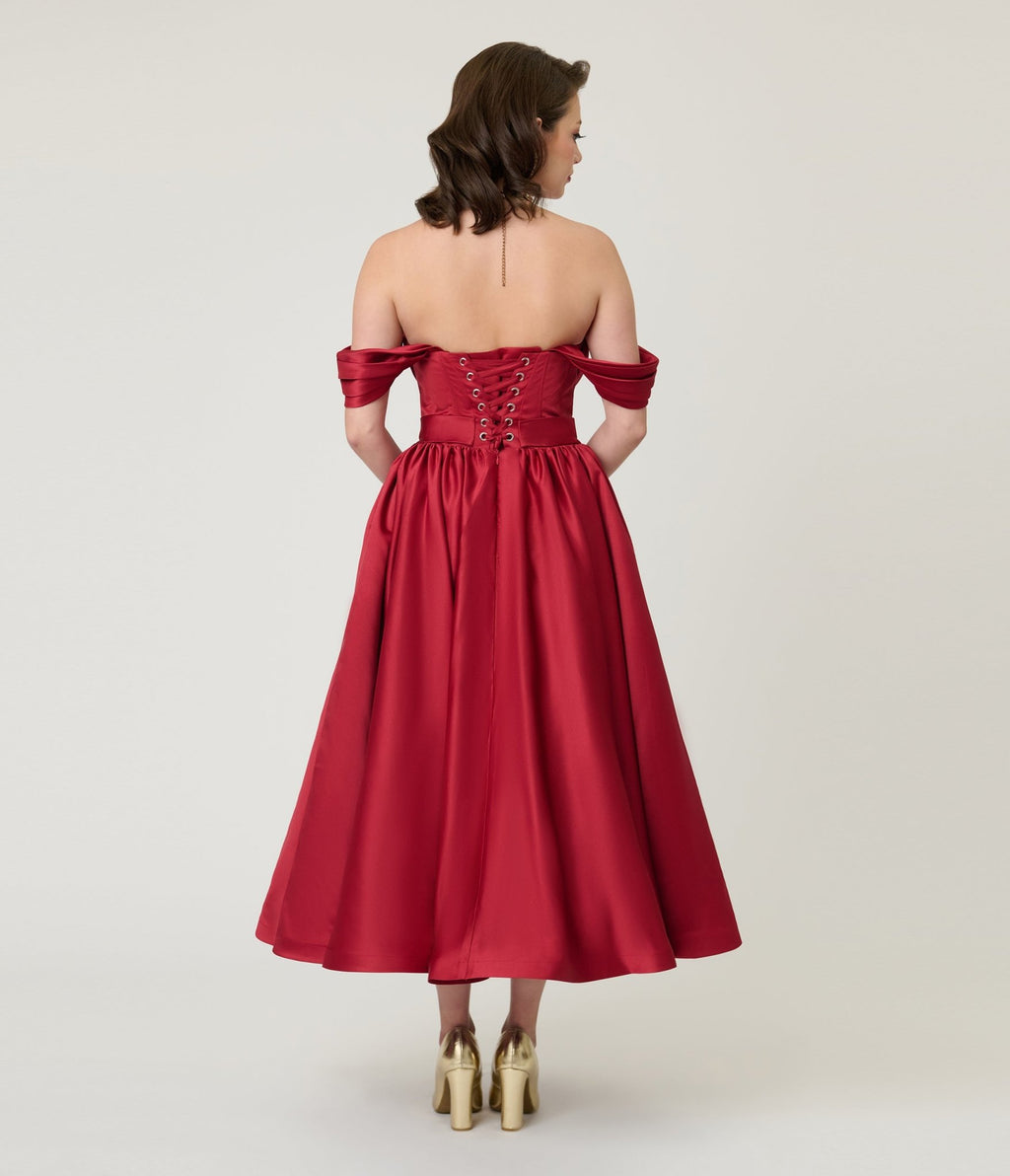 Unique Vintage Burgundy Off The Shoulder Tea Length Gown - Unique Vintage - Womens, DRESSES, PROM AND SPECIAL OCCASION