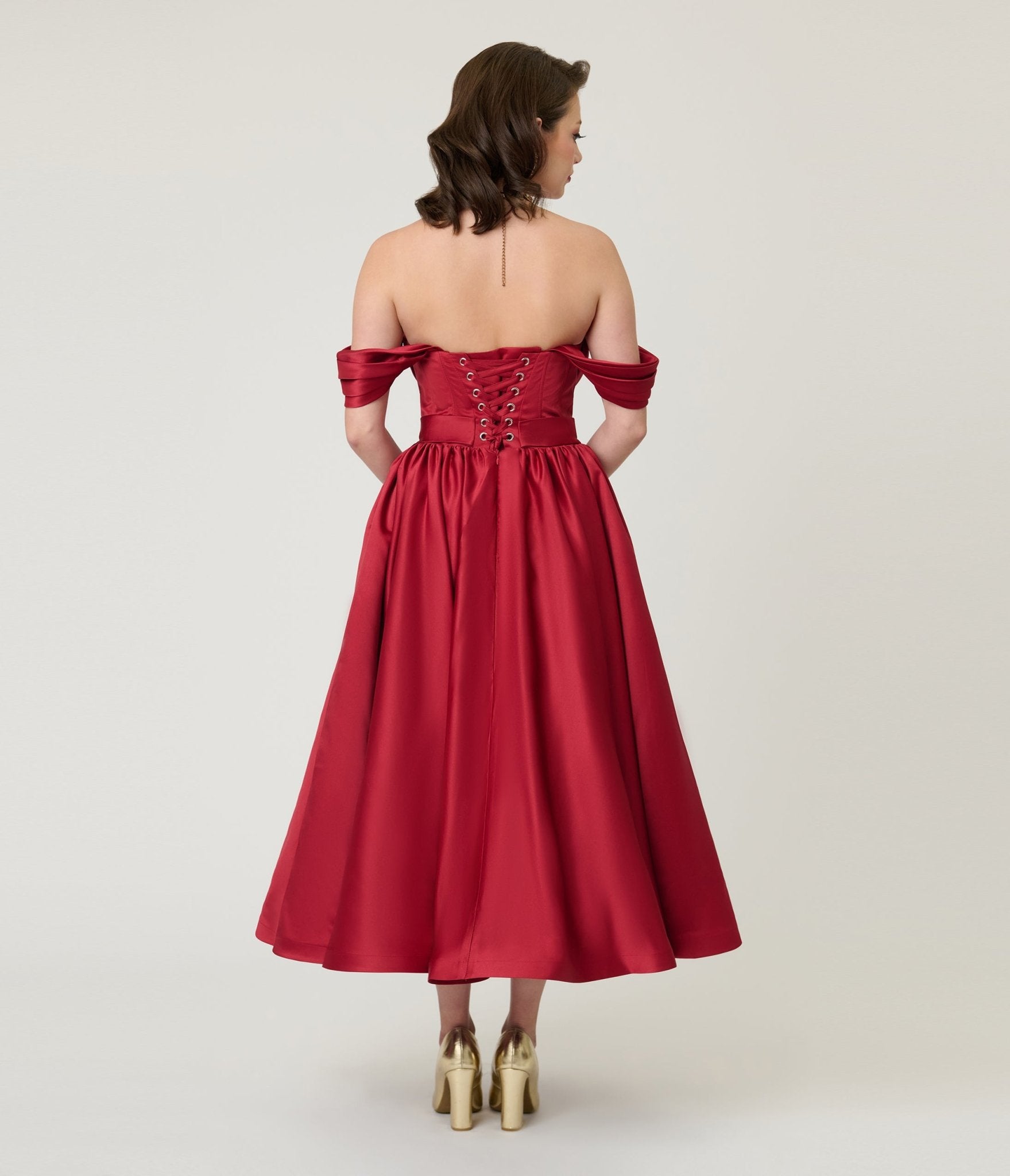 Unique Vintage Burgundy Off The Shoulder Tea Length Gown - Unique Vintage - Womens, DRESSES, PROM AND SPECIAL OCCASION