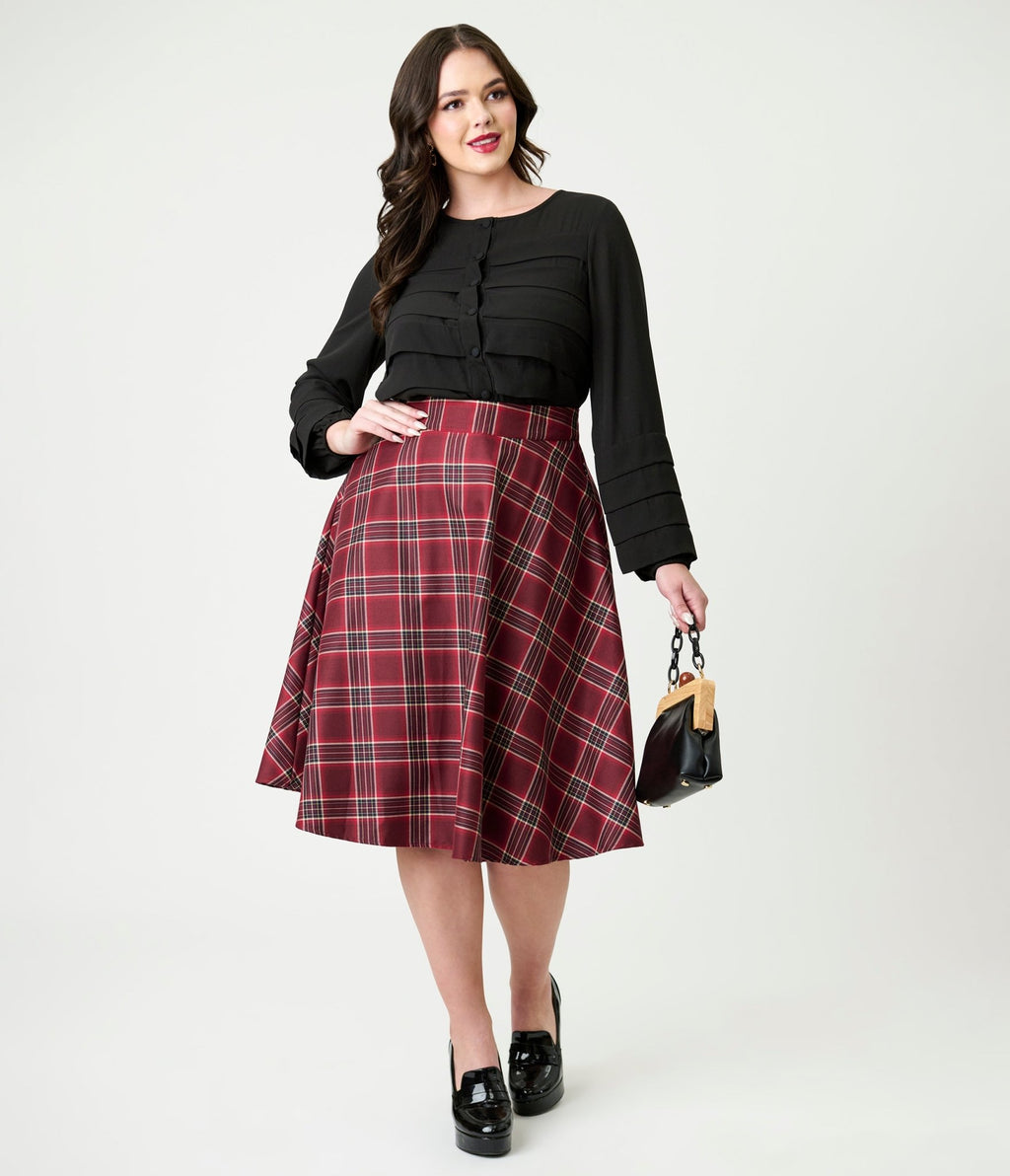Unique Vintage Burgundy Plaid Vivian Swing Skirt - Unique Vintage - Womens, BOTTOMS, SKIRTS