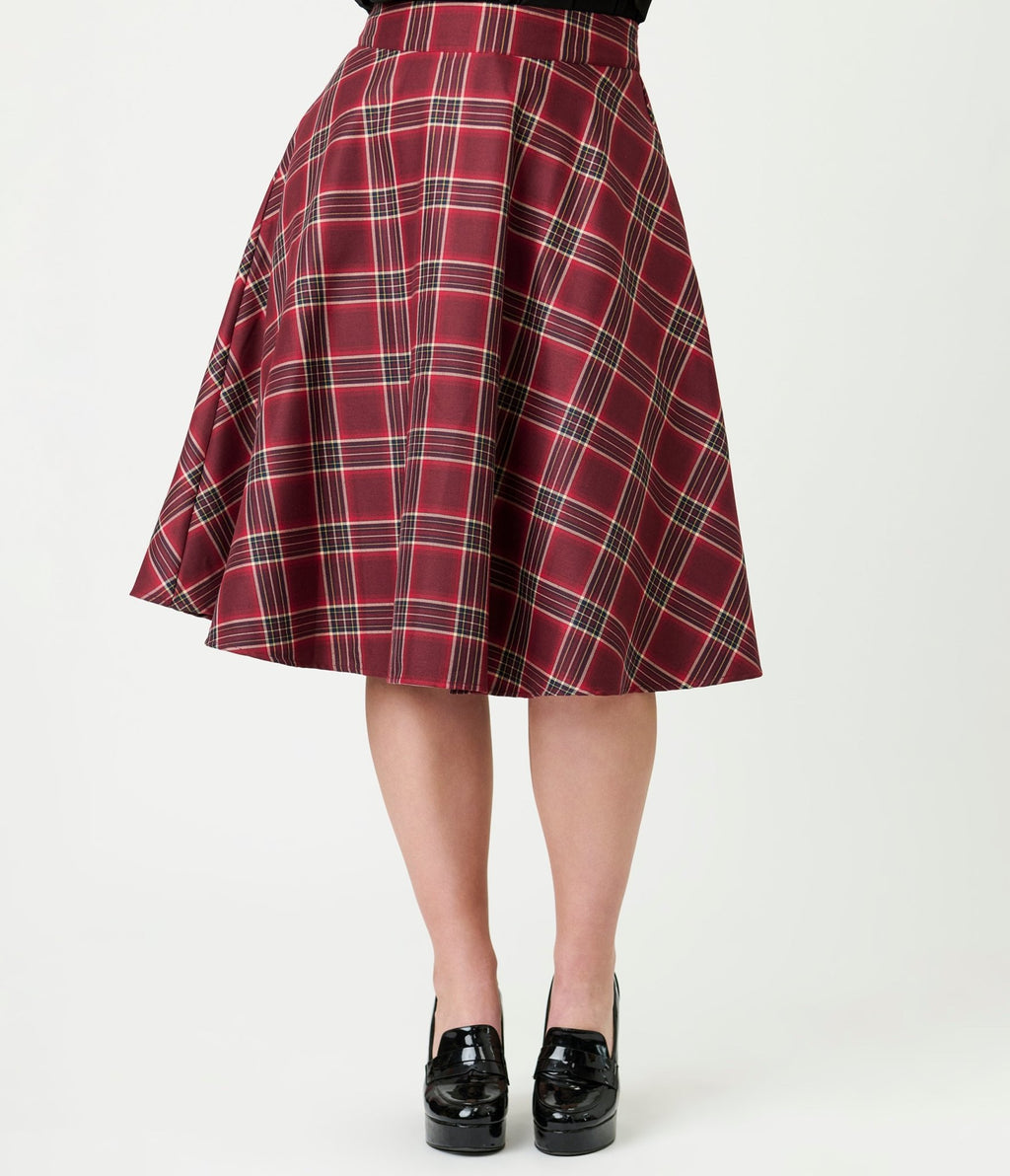Unique Vintage Burgundy Plaid Vivian Swing Skirt - Unique Vintage - Womens, BOTTOMS, SKIRTS