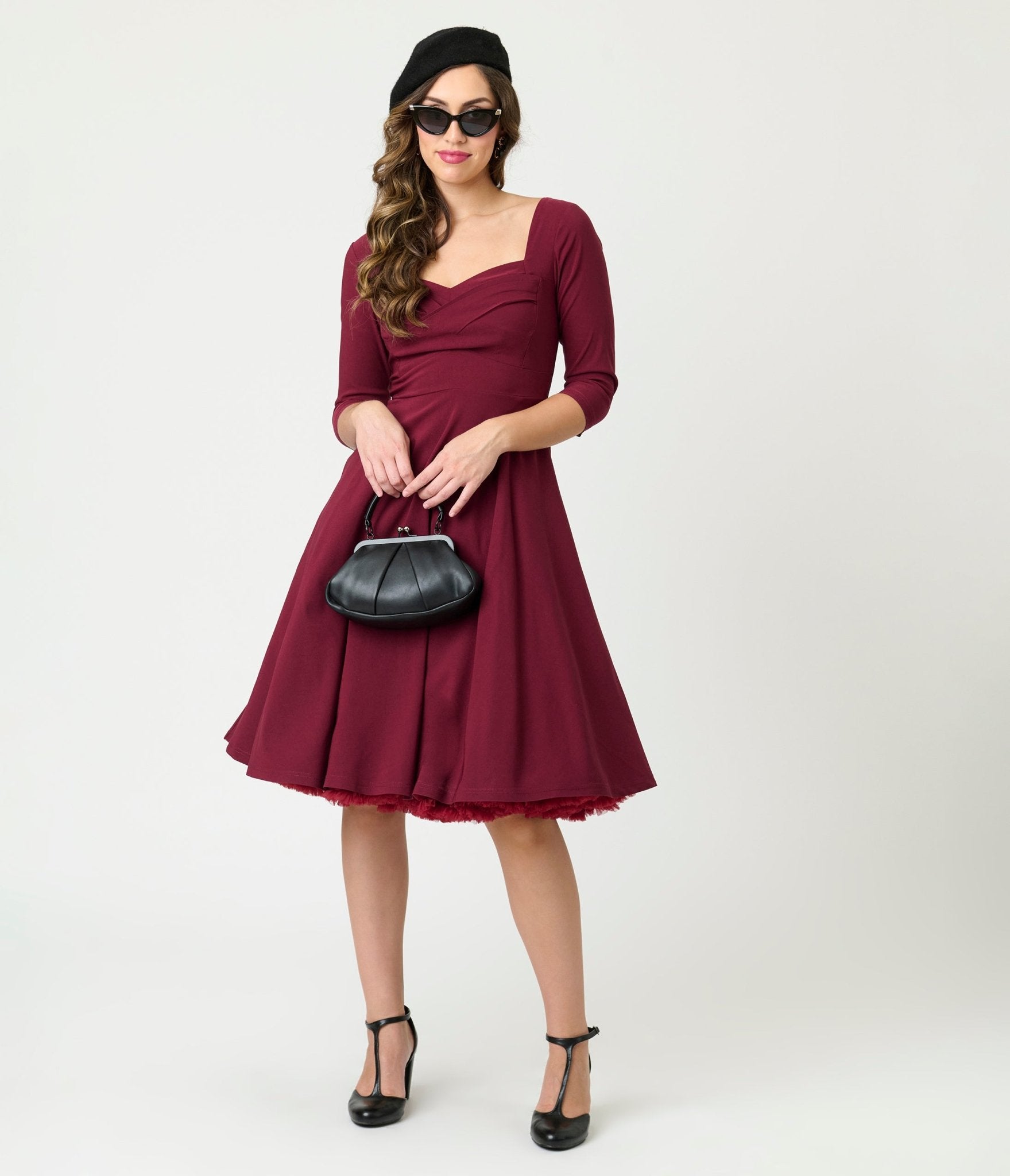 Unique Vintage Burgundy Pleated Bust Swing Dress - Unique Vintage - Womens, DRESSES, SWING
