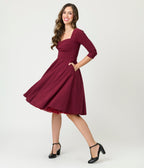 Unique Vintage Burgundy Pleated Bust Swing Dress - Unique Vintage - Womens, DRESSES, SWING