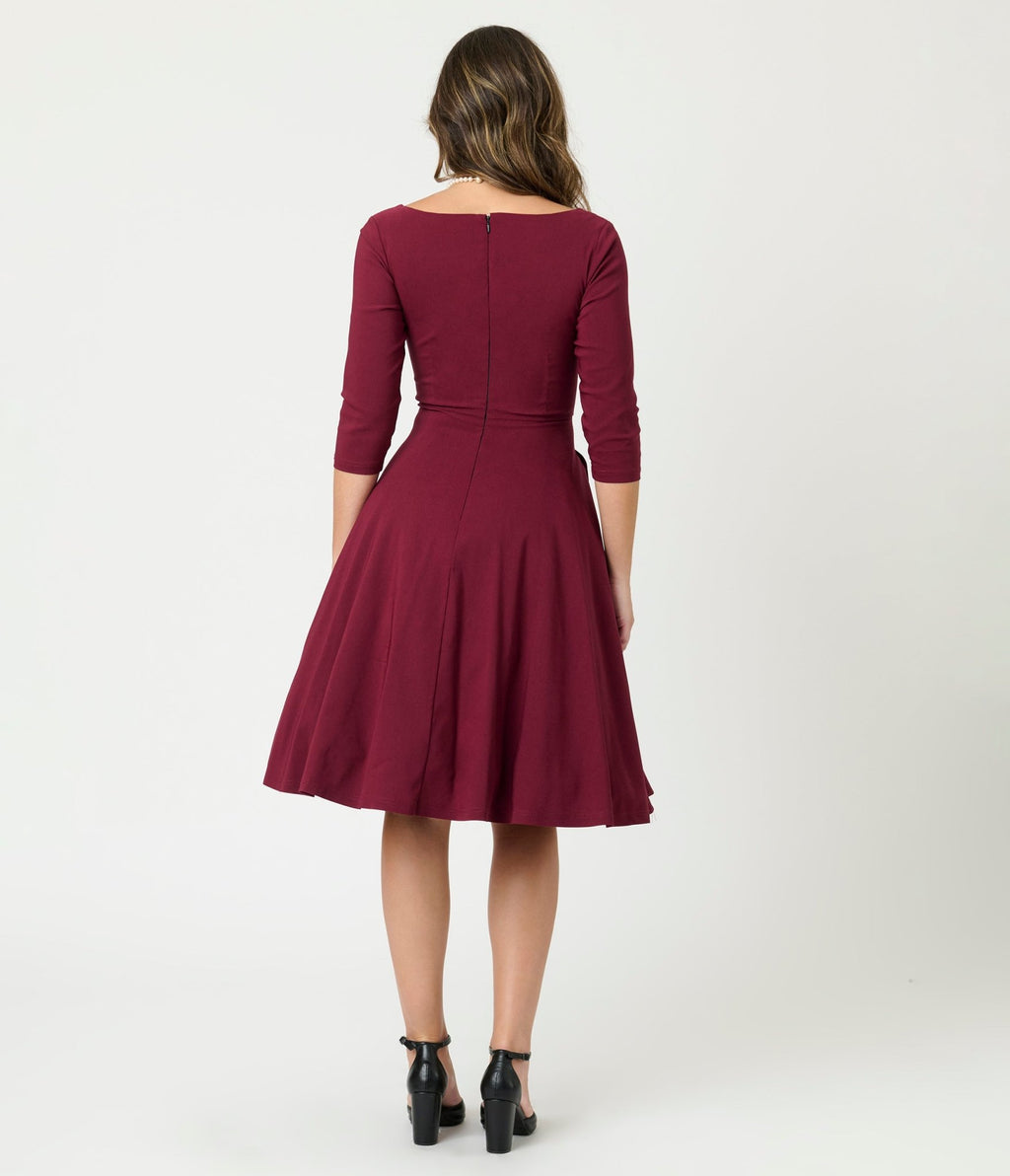 Unique Vintage Burgundy Pleated Bust Swing Dress - Unique Vintage - Womens, DRESSES, SWING