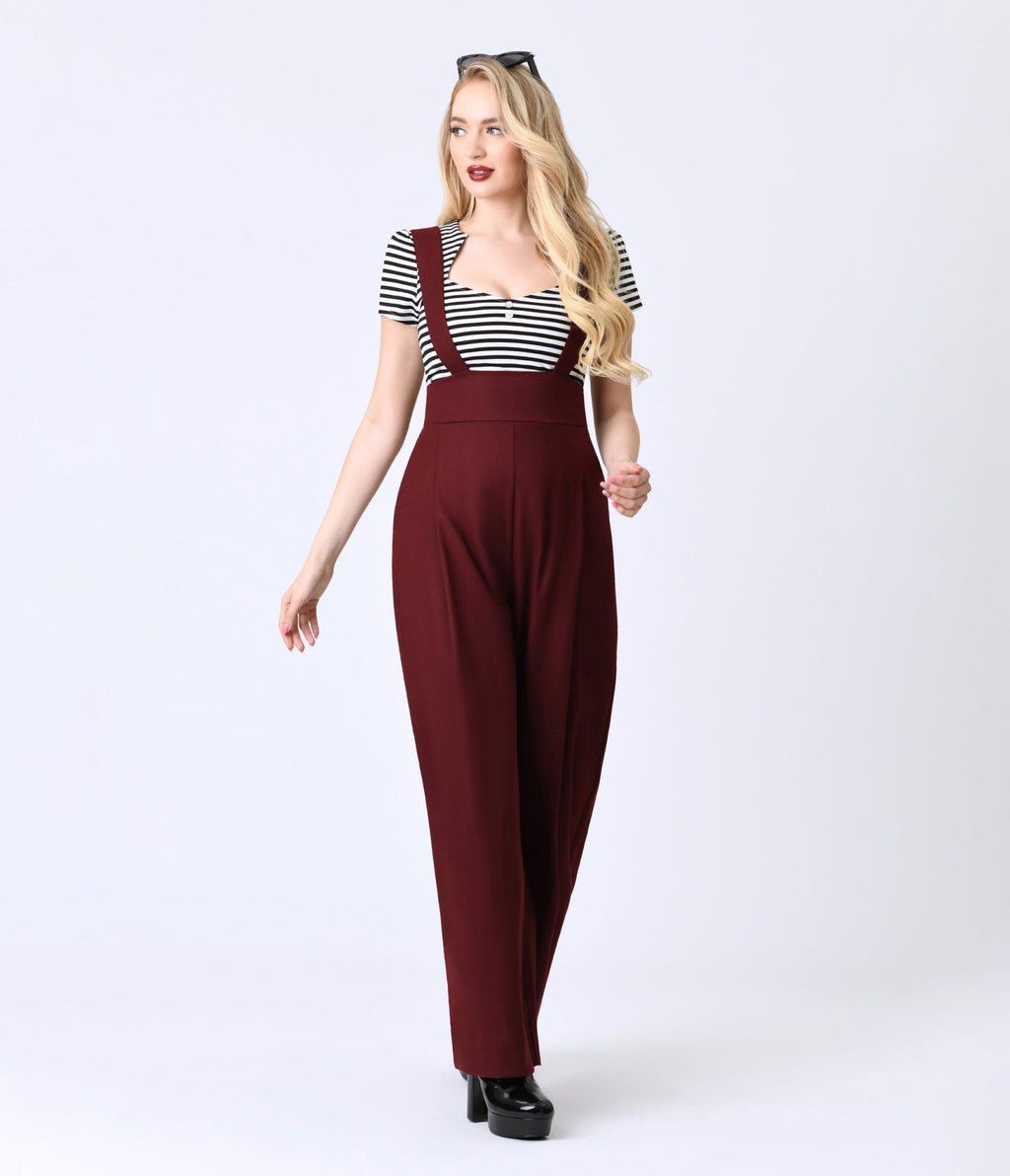 Unique Vintage Burgundy Rochelle Suspender Pants - Unique Vintage - Womens, BOTTOMS, PANTS