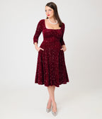 Unique Vintage Burgundy Sequin Square Neck Wanda Swing Dress - Unique Vintage - Aline Dresses