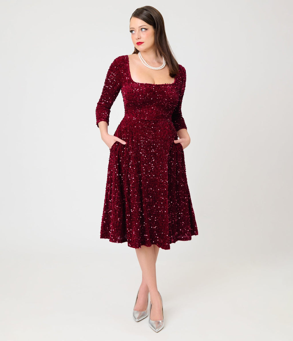 Unique Vintage Burgundy Sequin Square Neck Wanda Swing Dress - Unique Vintage - Aline Dresses