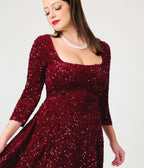 Unique Vintage Burgundy Sequin Square Neck Wanda Swing Dress - Unique Vintage - Aline Dresses