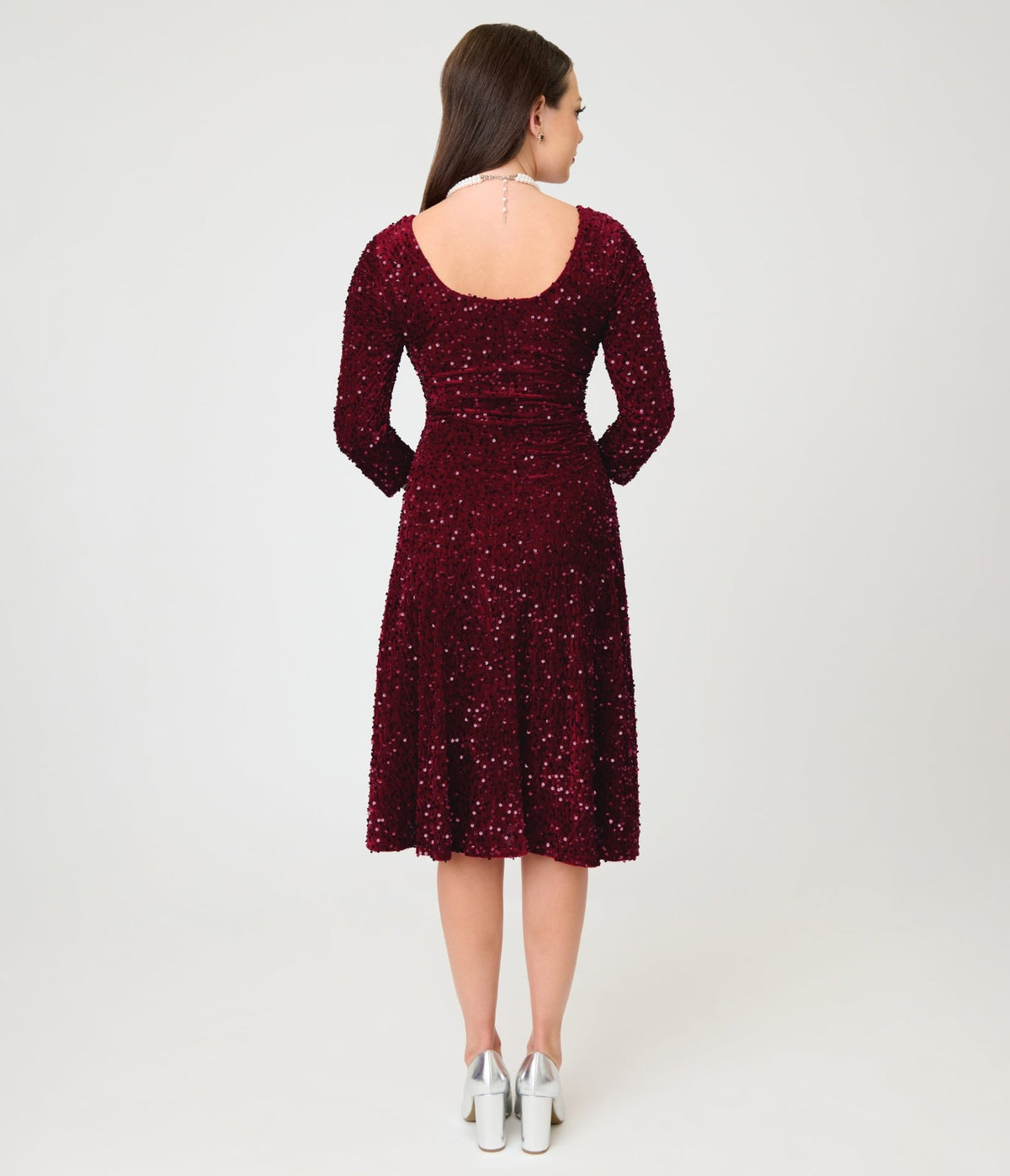 Unique Vintage Burgundy Sequin Square Neck Wanda Swing Dress - Unique Vintage - Aline Dresses