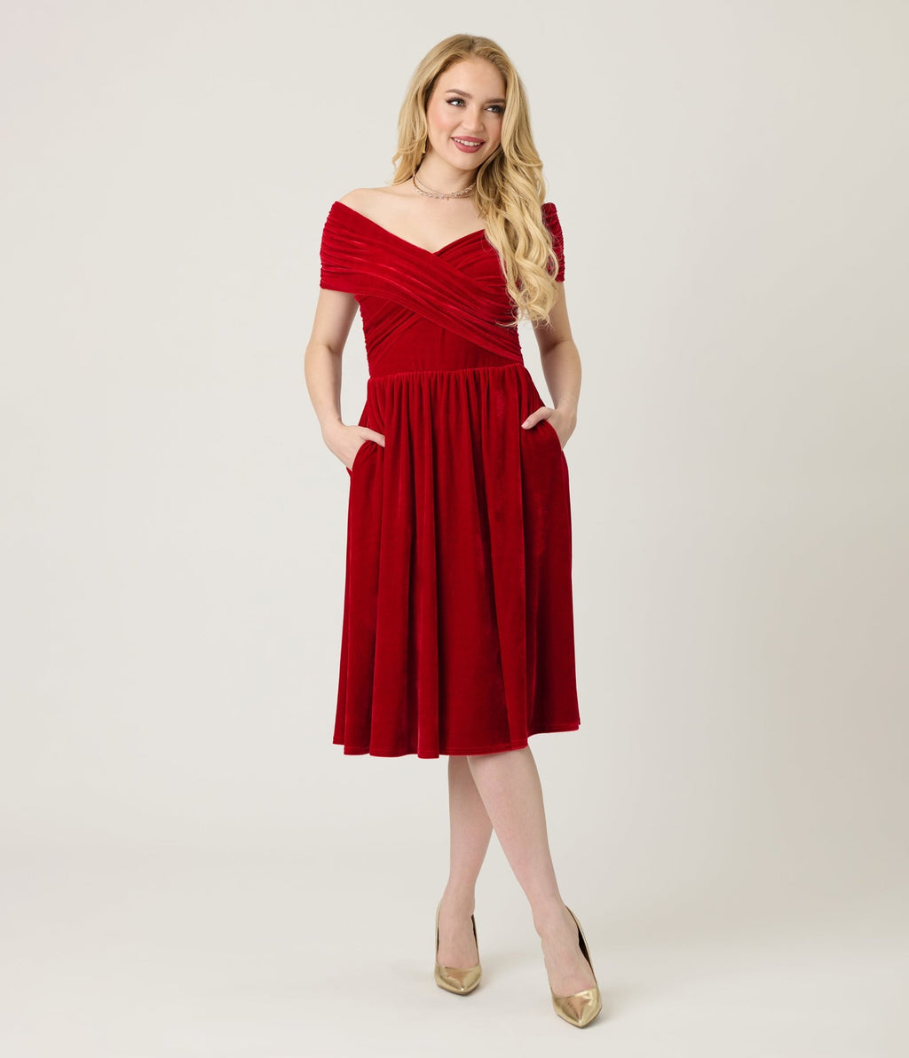 Unique Vintage Burgundy Shirred Velvet Swing Dress - Unique Vintage - Womens, DRESSES, SWING