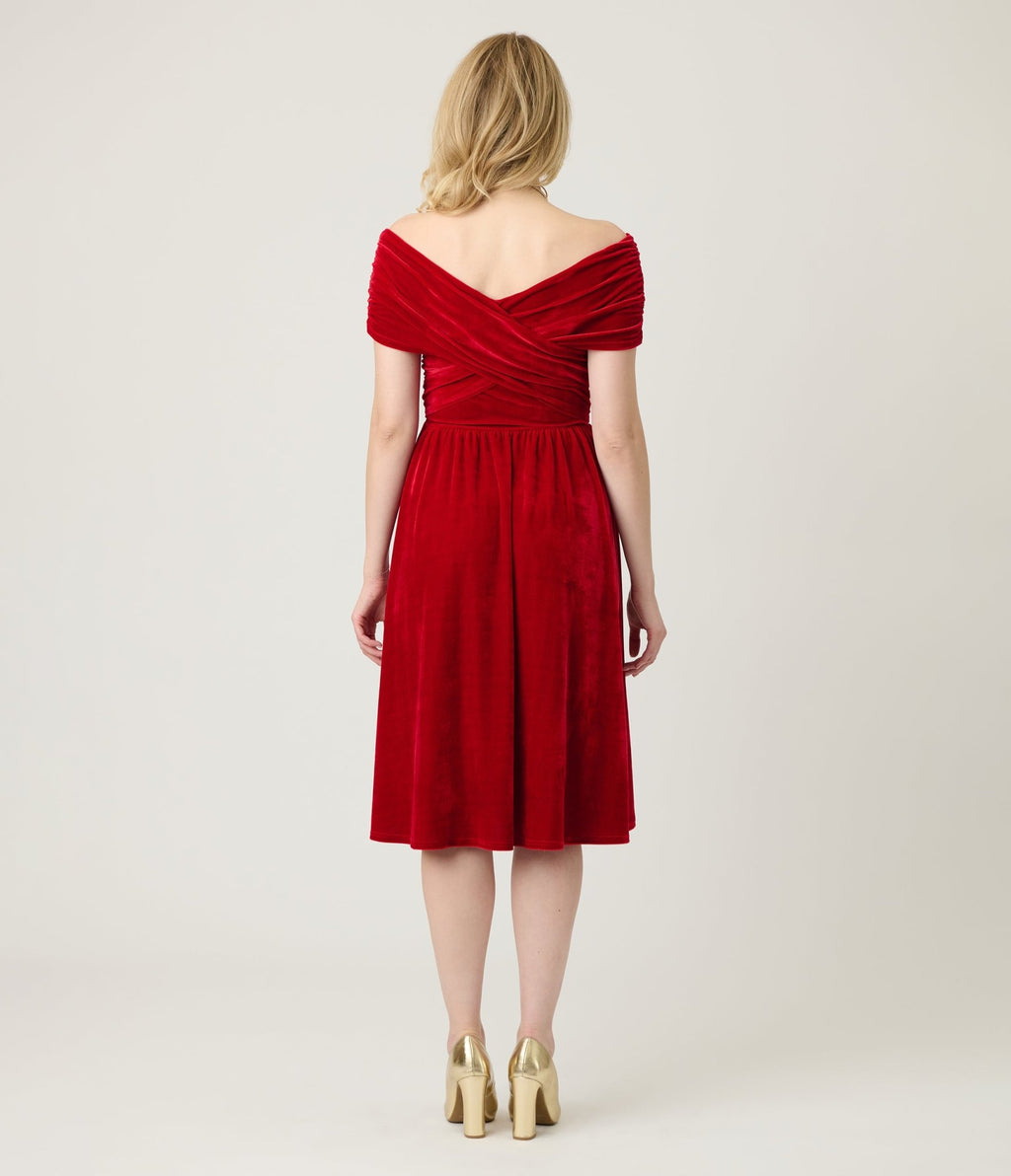 Unique Vintage Burgundy Shirred Velvet Swing Dress - Unique Vintage - Womens, DRESSES, SWING