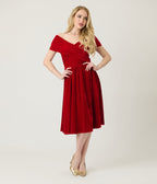 Unique Vintage Burgundy Shirred Velvet Swing Dress - Unique Vintage - Womens, DRESSES, SWING