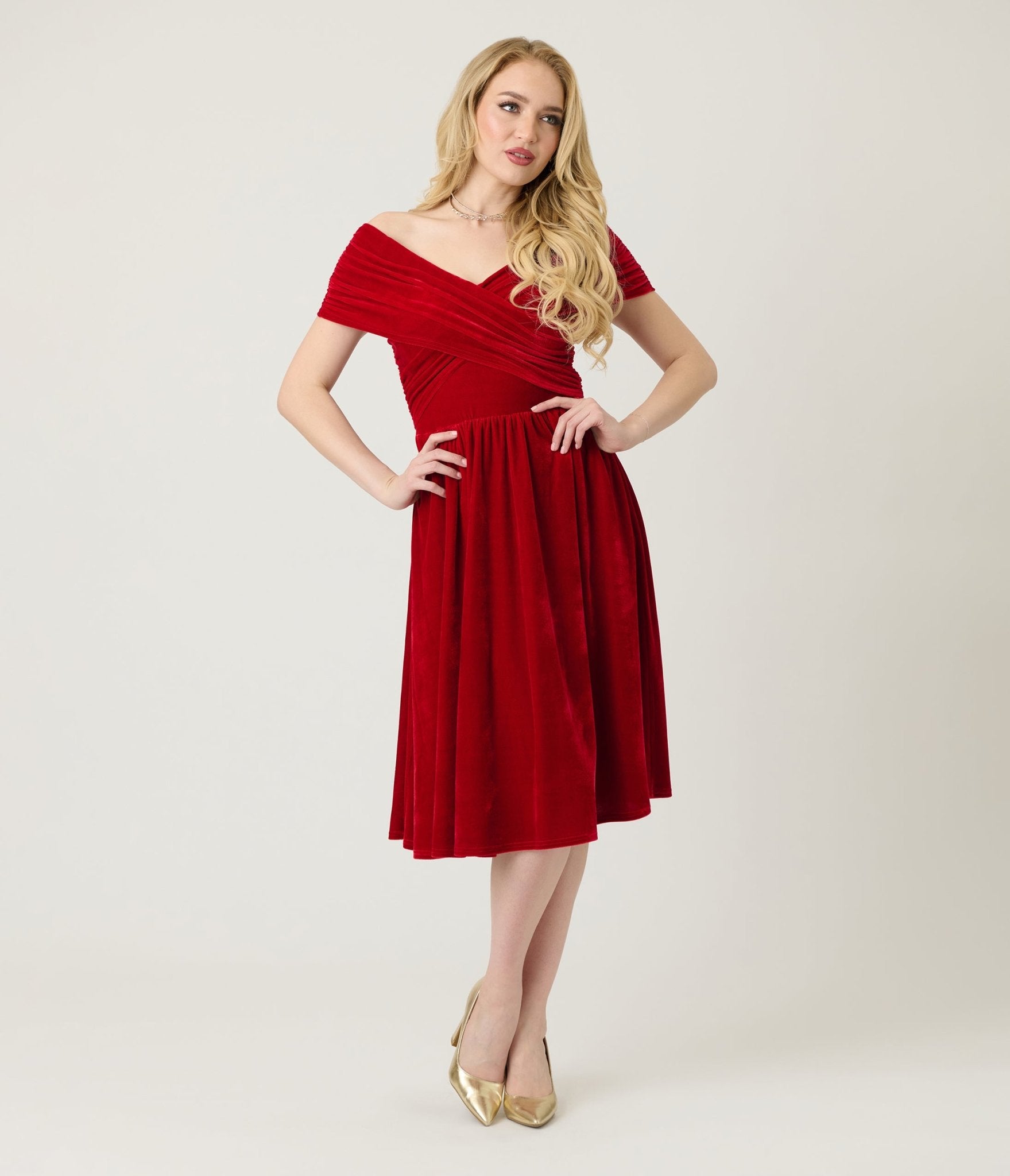 Unique Vintage Burgundy Shirred Velvet Swing Dress - Unique Vintage - Womens, DRESSES, SWING