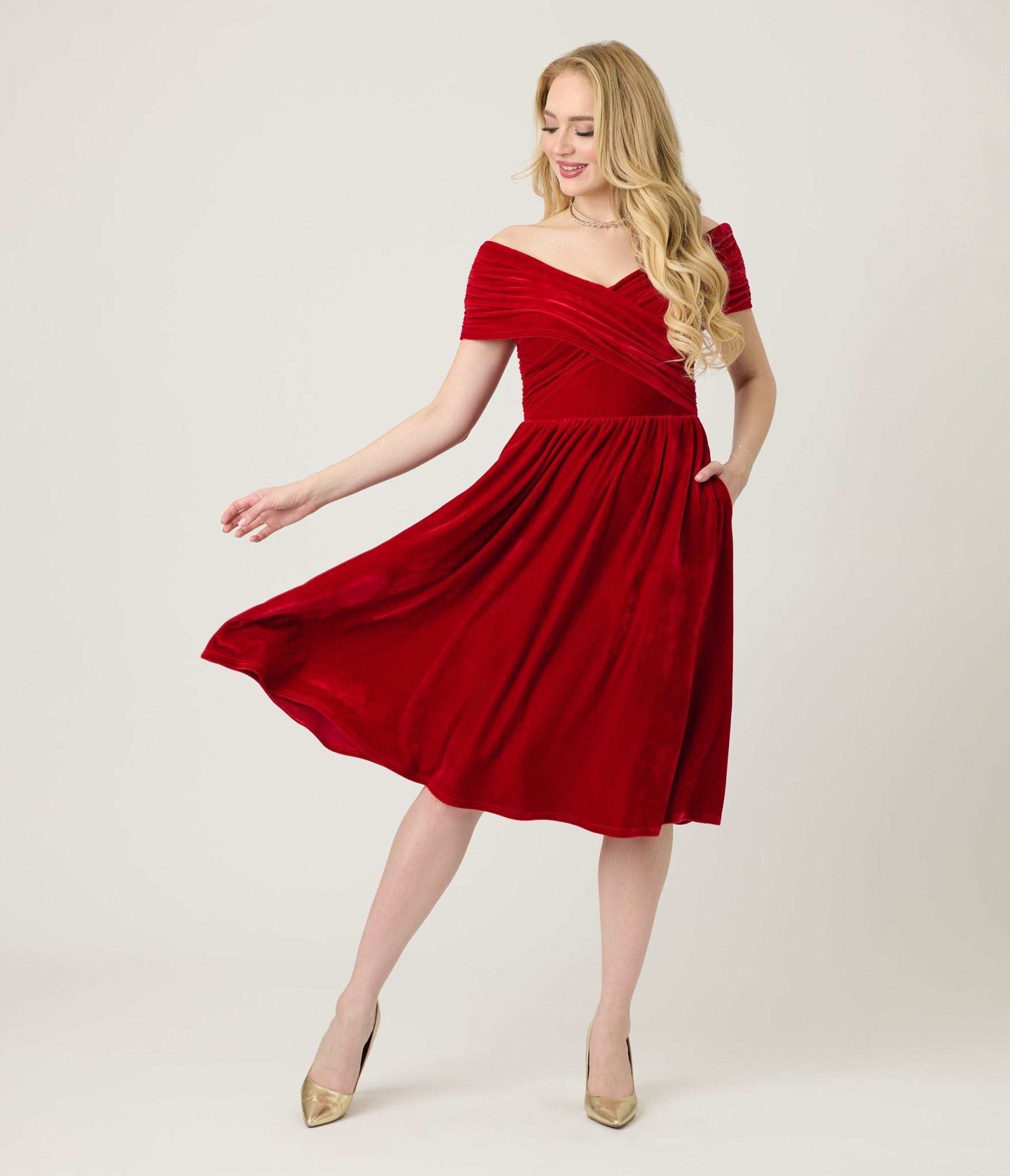 Unique Vintage Burgundy Shirred Velvet Swing Dress - Unique Vintage - Womens, DRESSES, SWING